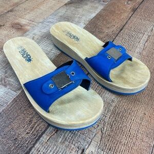 Sand N Sun Large 9 10 Blue Open Toe Sandals Faux Wood Vacation Beach Cruise